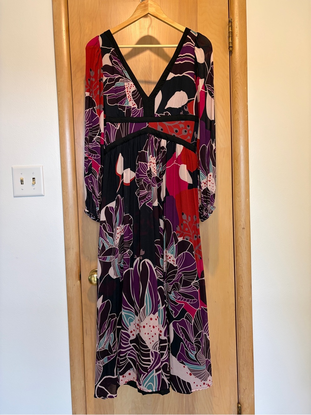 Anthropologie Floral V-Neck Midi Dress - Purple, Black & Red